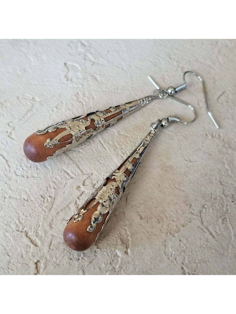 Handcrafted Victorian Style Brown Wood Silver Filigree Teardrop Earrings